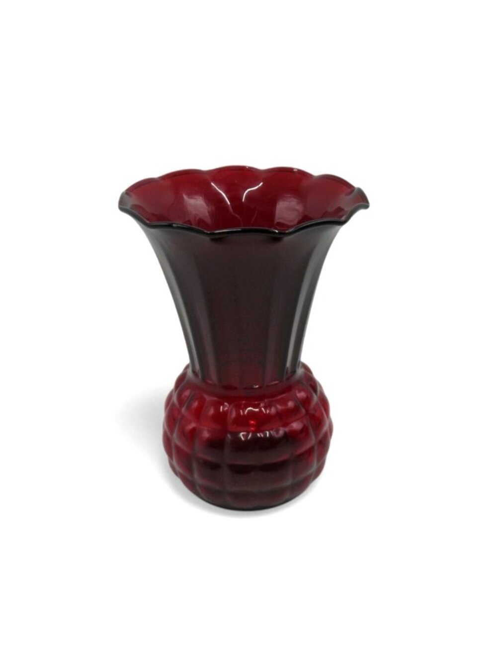 Vase Ruby Red Pineapple Glass With Scalloped Flared Rim Vintage 9" Tall 1970s